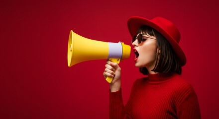 Woman Shouting into Megaphone: Announcement, Communication, Marketing on Red Background