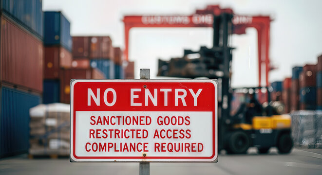 Sanctioned Goods No Entry Sign at Port for Trade Compliance, Economic Restrictions Awareness, Import/Export Regulations, and International Business Compliance
