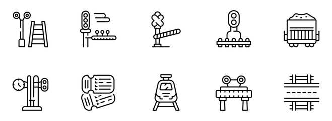 Modern Line Art Icons: Railroad Crossing, Signals, Tickets, and Train Transportation Elements for Web and App Design.