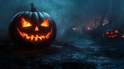 Glowing Jack-o’-Lantern in Foggy Forest for Halloween Night