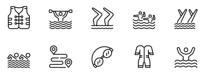 Line art icons: water sports, swimming, safety gear, and aquatic activities;  simple, minimalist style;  clean, modern mood.