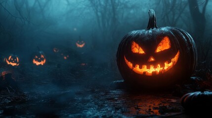 Glowing Jack-o’-Lantern in Foggy Forest for Halloween Night