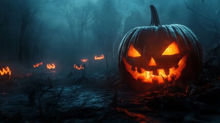 Glowing Jack-o’-Lantern in Foggy Forest for Halloween Night