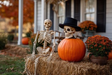 A Halloween porch scene with skeletons  pumpkins on hay bales in front of a white house with dark shutters