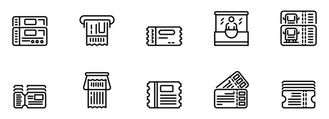 Collection of Modern Line Art Ticket Icons:  Various Ticket Styles, Purchase Methods, and Transportation Options for Website or App Design.