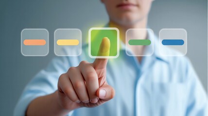 A close-up photograph of a hand interacting with a futuristic digital interface