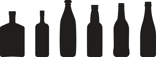 Silhouette of various glass bottles. Vector illustration for beverage, alcohol, wine, beer, soda, recycling, and packaging design concepts