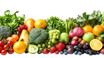 Fresh assortment of colorful fruits and vegetables on a white background.