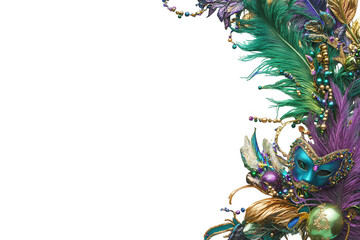 Mardi gras mask and feathers with colorful beads and glitter, isolated on transparent background
