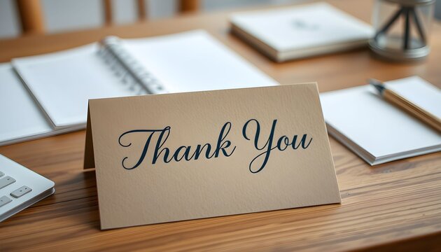 A close-up shot of a "Thank You" card on a wooden table, surrounded by stationery.