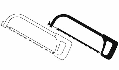 vector illustration,icon set of hacksaw icons in outline and silhouette,solid style, featuring frame, blade, and handle, ideal for metal cutting, carpentry, DIY, tool, construction, and repair vector 