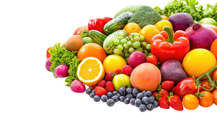 Colorful assortment of fresh fruits and vegetables on white background.