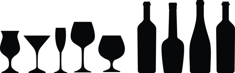 Silhouette set of wine bottles and glasses. Vector illustration for bar, restaurant, alcohol, beverage, and winery design concepts
