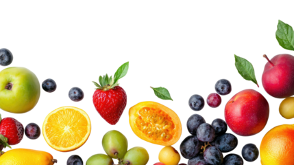 Colorful assortment of fresh fruits on a white isolated background.