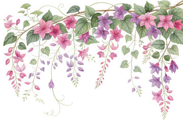 Delicate cascading pink and purple flowers with green leaves isolated on transparent background