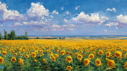 Fototapeta premium A sunflower field under the midday sun, paint colors vibrant in the bright light (2)