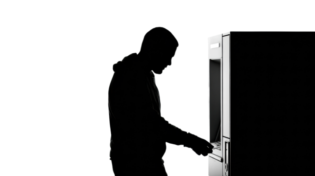 Atm transaction by silhouette figure in urban environment night, isolated on transparent background, png