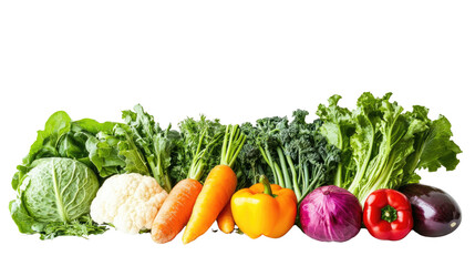 Fresh colorful vegetables arranged in a line, white isolate background.
