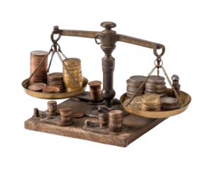 Balancing wealth measurement financial settings metal coins, isolated on transparent background, png