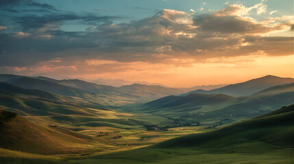 Fototapeta premium Green hills rolling under a blazing sunset, casting shadows across the valley (2)