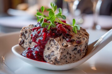 Elegant mushroom pâté with rich cranberry compote and fresh greens served on a spoon.
