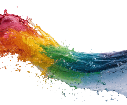 Vibrant splash of colorful water abstract creative aerial, isolated on transparent background, png