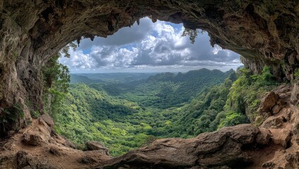 Panoramic view of a lush green valley seen through a natural cave opening, framed by rough, dark rock, with a partly cloudy sky above