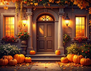 Obraz premium Festive fall entryway with pumpkins
