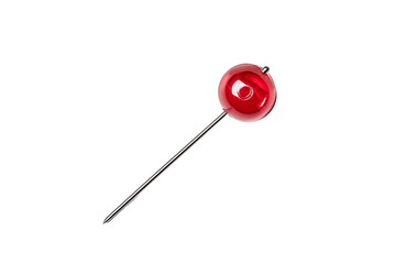 Red decorative hat pin with metallic stick, isolated on white transparent background