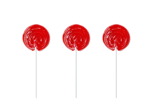 Three Red Lollipops Isolated on White Transparent Background