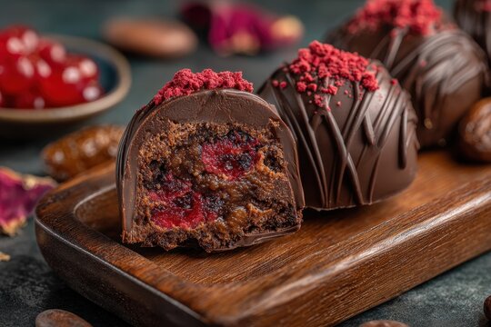 Gourmet dark chocolate truffles with a vibrant berry filling on a wooden board. - Powered by Adobe