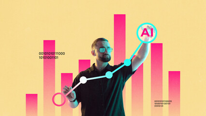 Collage with analyst using AI data visualization for market growth. Concept of artificial...