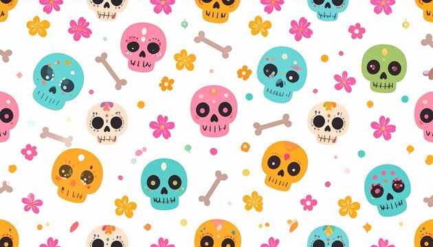 Halloween seamless pattern with candy skulls, flowers, and bones