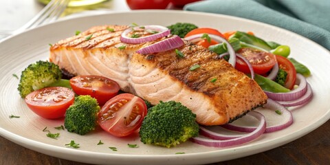 Grilled Salmon with Roasted Vegetables High-Angle Close-up, healthy food photography, recipe salmon, recipe