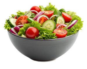 A gray bowl filled with a salad of lettuce tomatoes cucumbers and red onions on a black background