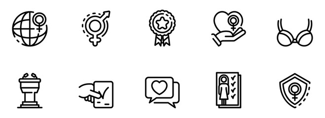 Global Female Empowerment:  Modern Line Icons Set;  Gender Equality,  Achievement,  Love,  Protection,  and Female Health;  Vector Illustration.
