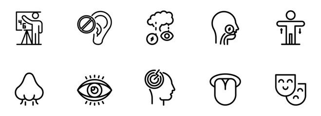 Ten Minimalist Line Icons:  Human Senses, Perception, and Communication;  Modern, Clean Style;  Neutral Mood for Medical, Wellness, or Educational Use.