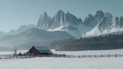 Snowy mountain landscape with wooden barn.