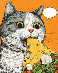 Surprised Cat Holding Pizza, Pop Art Style Illustration	