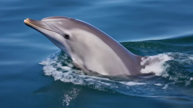 Playful Common Dolphin Swimming and Jumping in the Clear Blue Ocean Water on a Sunny Day