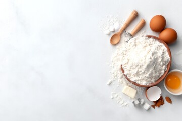 Baking ingredients including flour, eggs, butter, almonds, and measuring spoons arranged on a white surface.