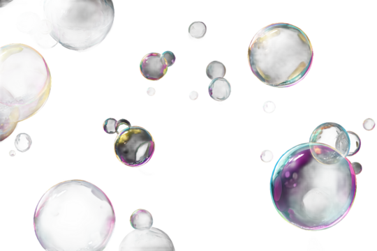 Beautiful iridescent soap bubbles floating isolated on white transparent background