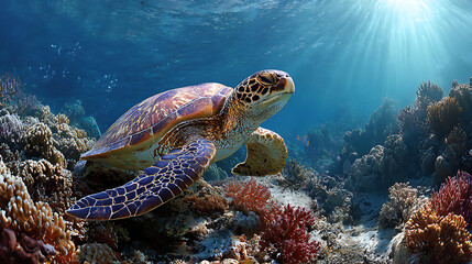 Fototapeta premium A green sea turtle drifting close to the vibrant coral reef scene (2)