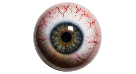 Close-up view of a human eyeball, showing detailed iris and blood vessels.