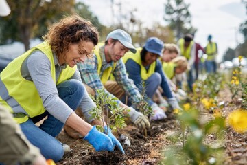 A group of volunteers wearing safety vests work together to plant shrubs and flowers along a city street on a clear day. Their efforts enhance the neighborhoods greenery