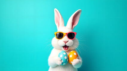 Cute White Easter Bunny Figurine with Sunglasses and Colorful Eggs on Teal Background

