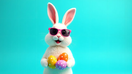 Cute White Easter Bunny Figurine with Sunglasses and Colorful Eggs on Teal Background


