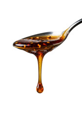 Extreme macro of a viscous dark brown Teriyaki glaze drop with sesame seeds stretching from a reflective stainless steel spoon on a transparent background, elegant culinary texture concept