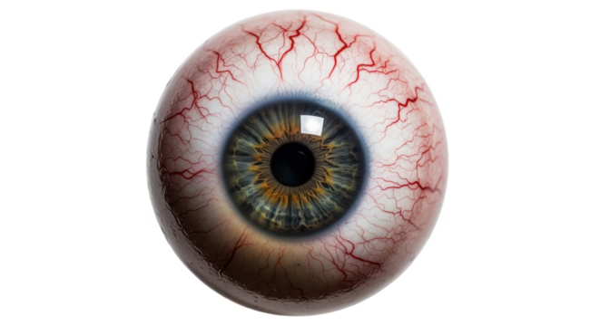 Close-up view of a human eyeball, showing detailed iris and blood vessels.