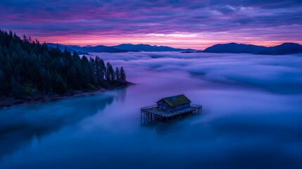 A tranquil wooden cabin floats on a lake, nestled amidst a sea of clouds at sunrise.